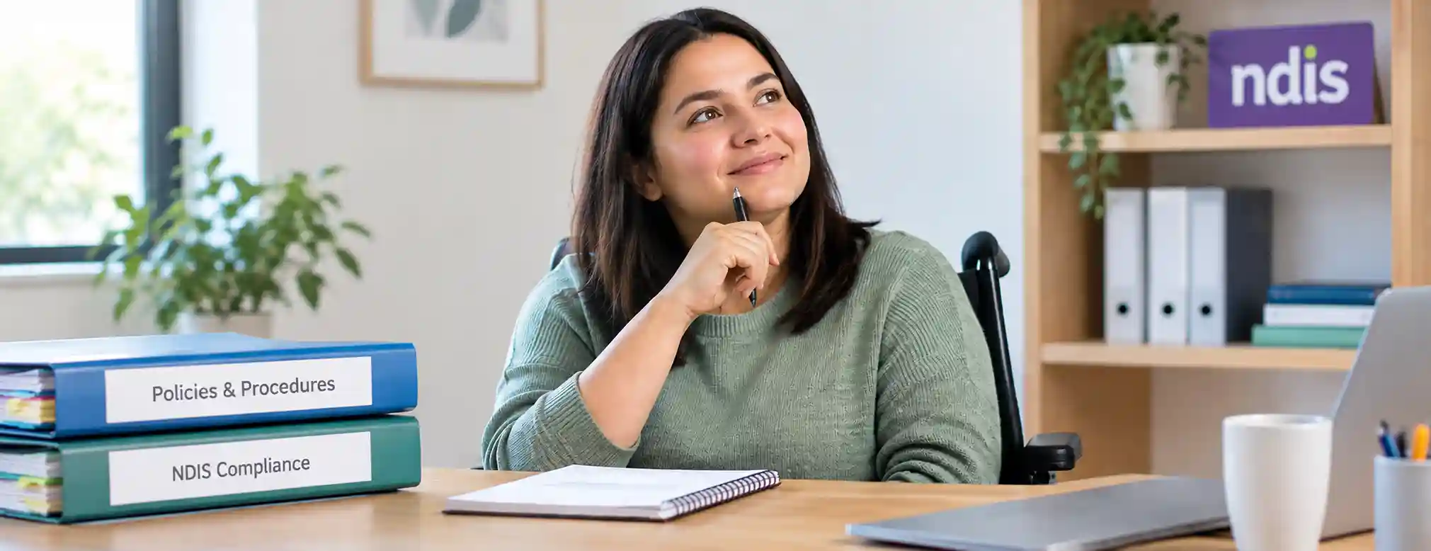 Woman reflecting at her desk with NDIS Compliance and Policies binders and an NDIS sign behind her.
