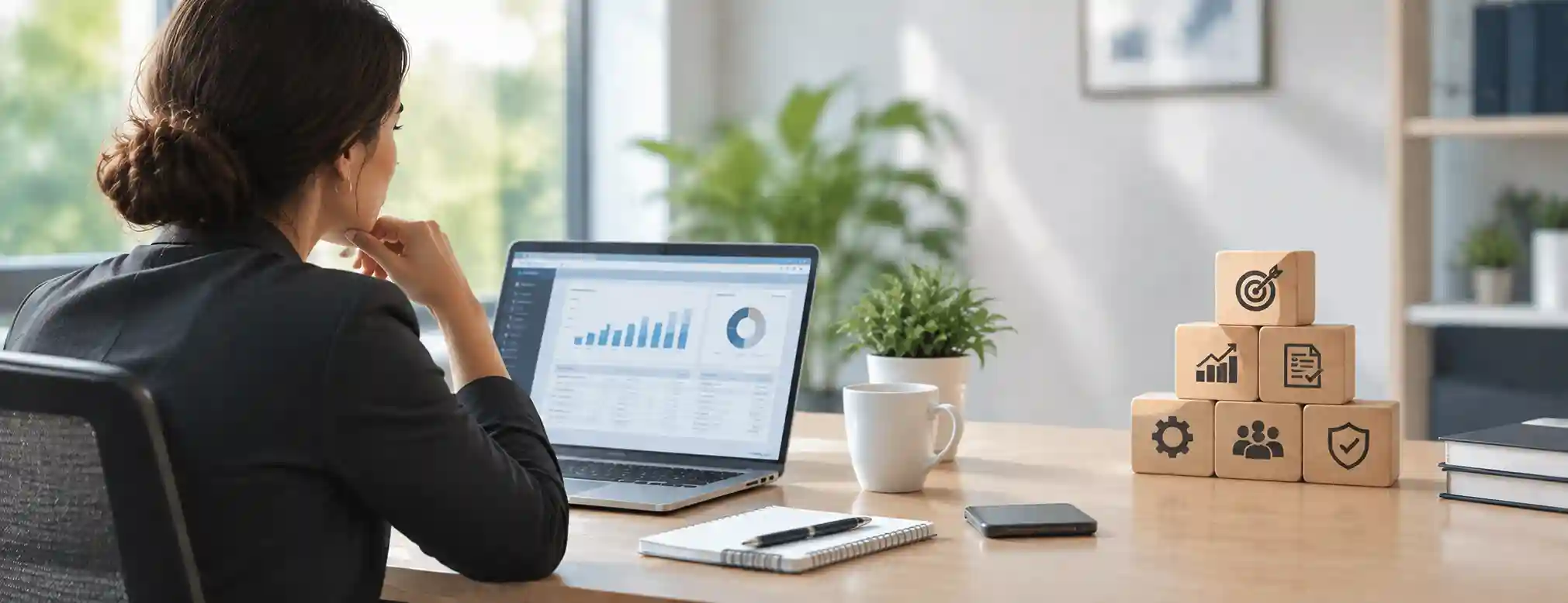 Woman analysing a data dashboard on a laptop beside blocks showing business system icons.