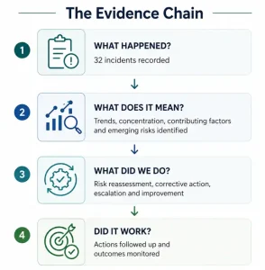 Evidence chain: 32 incidents to trends, to corrective action, to monitored outcomes over four steps.